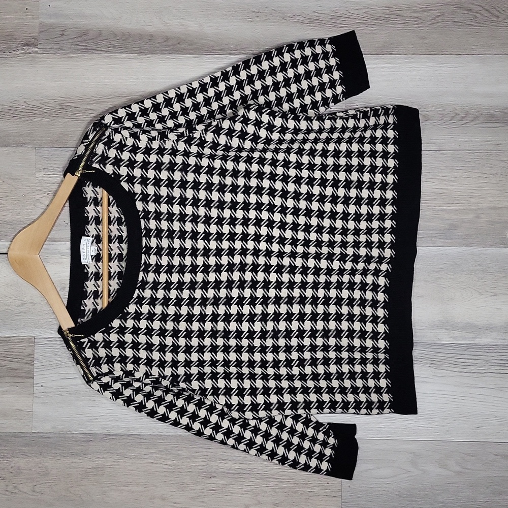 Joseph A Womens XL Cream Black Houndstooth‎ 3/4 Sleeve Shoulder Zip Sweater